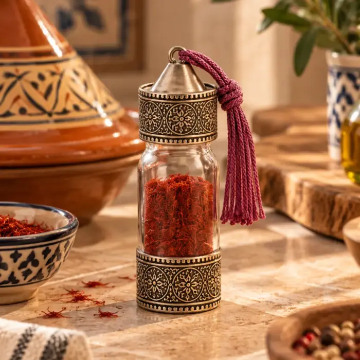 Fes Heritage Moroccan Glass Spice Jars with Engraved Metal – Set of 10